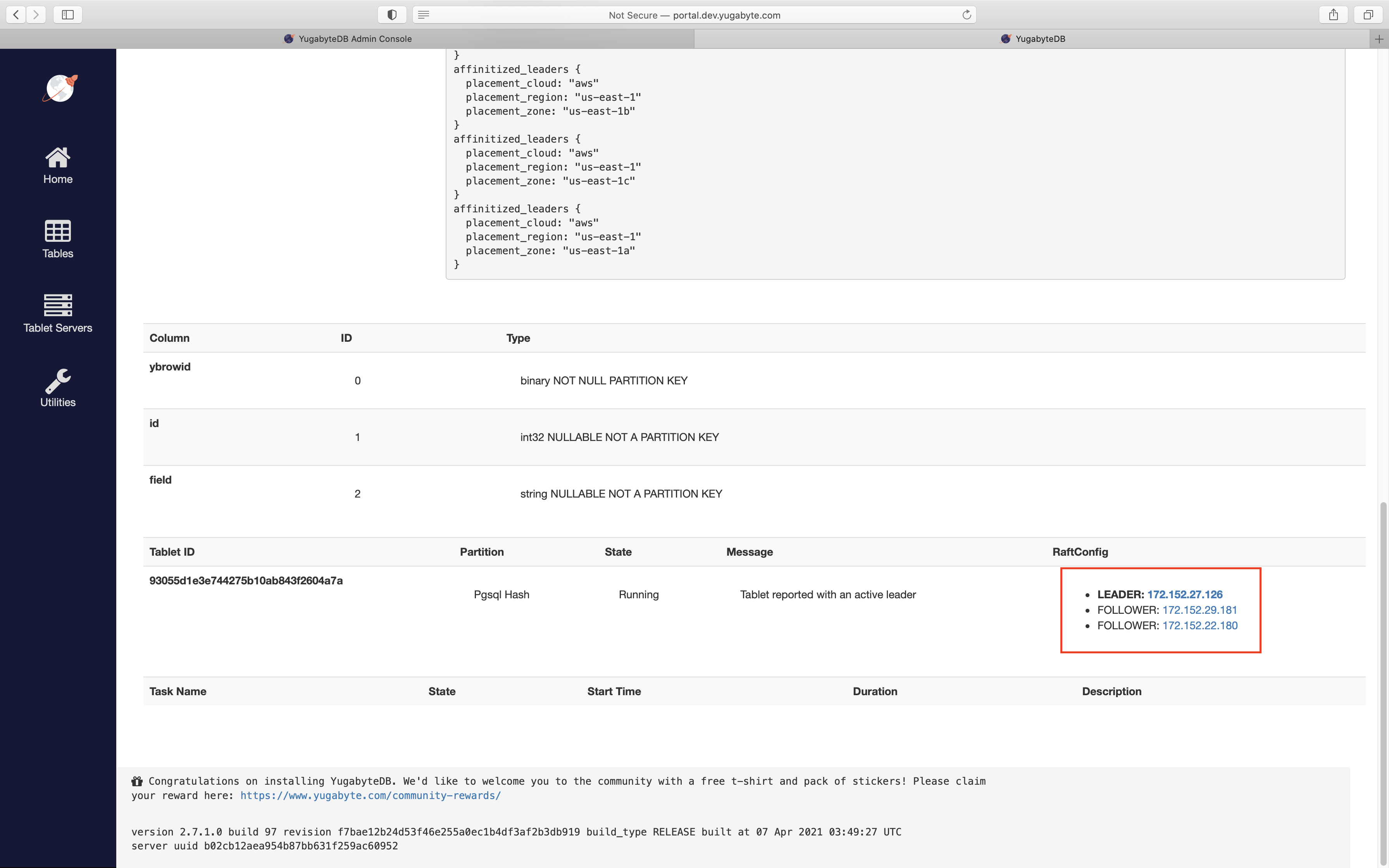 YB-Master UI: Tablets of the single zone table YB-Master UI: Tablets of the single zone table