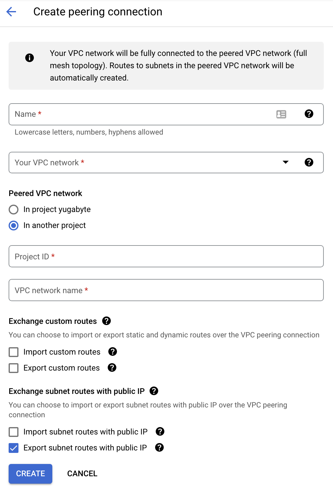 Create peering connection in GCP Create peering connection in GCP